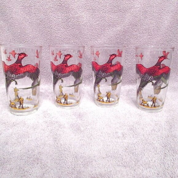 1950s Vtg Hazel Atlas Hunting Pheasant Glasses Highball Drinking Set Of 4 MCM - Picture 1 of 12